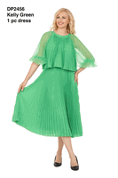 Giovanna <br> (2026) <br> GVDP2456 <br> <br> Kelly-Green <br> S M L XL 1X 2X 3X<br><br>Pleated Chiffon Midi Dress w/ Shimmer Mesh Sleeves