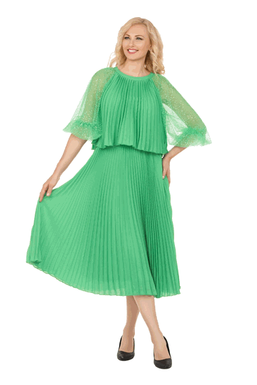 Giovanna <br> (2026) <br> GVDP2456 <br> <br> Kelly-Green <br> S M L XL 1x 2x 3x<br><br>Pleated Chiffon Midi Dress w/ Shimmer Mesh Sleeves