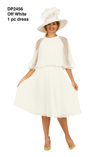 Giovanna <br> (2026) <br> GVDP2456 <br> <br> Off-White <br> S M L XL 1X 2X 3X<br><br>Pleated Chiffon Midi Dress w/ Shimmer Mesh Sleeves