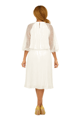 Giovanna <br> (2026) <br> GVDP2456 <br> <br> Off-White <br> S M L XL 1X 2X 3X<br><br>Pleated Chiffon Midi Dress w/ Shimmer Mesh Sleeves