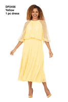 Giovanna <br> (2026) <br> GVDP2456 <br> <br> Yellow <br> S M L XL 1X 2X 3X<br><br>Pleated Chiffon Midi Dress w/ Shimmer Mesh Sleeves