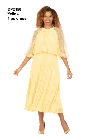 Giovanna <br> (2026) <br> GVDP2456 <br> <br> Yellow <br> S M L XL 1X 2X 3X<br><br>Pleated Chiffon Midi Dress w/ Shimmer Mesh Sleeves