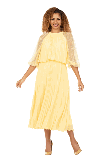 Giovanna <br> (2026) <br> GVDP2456 <br> <br> Yellow <br> S M L XL 1x 2x 3x<br><br>Pleated Chiffon Midi Dress w/ Shimmer Mesh Sleeves