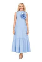 Giovanna <br> (2026) <br> GVDP2457 <br> <br> Blue <br> S M L XL 1x 2x <br><br>Pleated Chiffon Midi Dress w/ Shimmer Mesh Sleeves