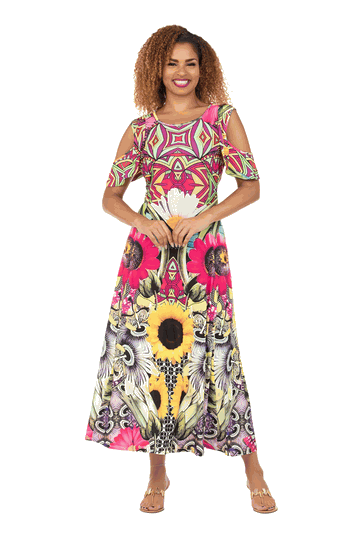 Giovanna <br> (2026) <br> GVDP2460-Su <br> <br> Sunflower <br> S M L XL 1x 2x 3x<br><br>Vibrant Printed Cold-Shoulder Maxi Dress