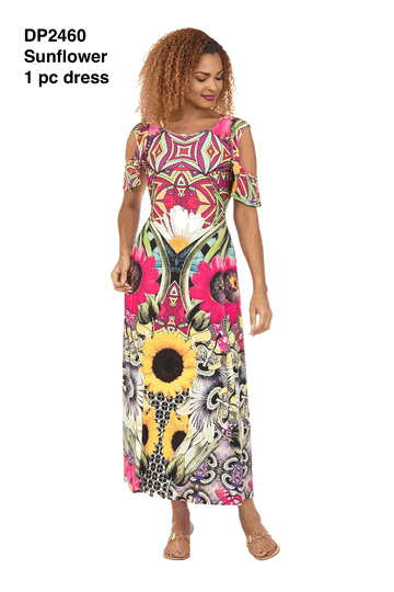 Giovanna <br> (2026) <br> GVDP2460 <br> <br> Sunflower <br> S M L XL 1X 2X 3X<br><br>Vibrant Printed Cold-Shoulder Maxi Dress