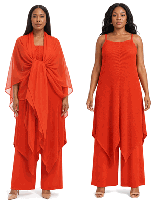 Giovanna <br> (2026) <br> GVDP2461-Or <br> <br> Orange <br> S/M L/XL 1x/2x<br><br>Pleated Asymmetrical Tunic 3 Piece Wide Leg Pant Set