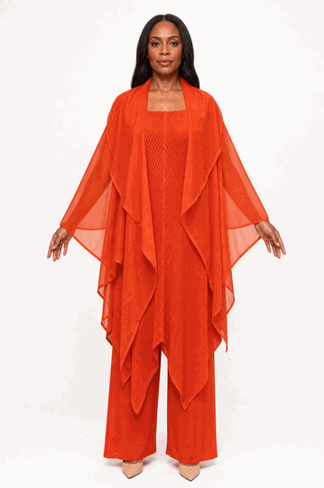 Giovanna <br> (2026) <br> GVDP2461 <br> <br> Orange <br> S/M L/XL 1X/2X<br><br>Pleated Asymmetrical Tunic 3pc Wide Leg Pant Set
