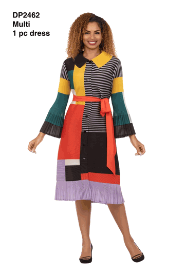 Giovanna <br> (2026) <br> GVDP2462 <br> <br> Multi-Colors <br> S M L XL 1X 2X<br><br>Artistic Colorblock Pleated Shirt Dress with Belt
