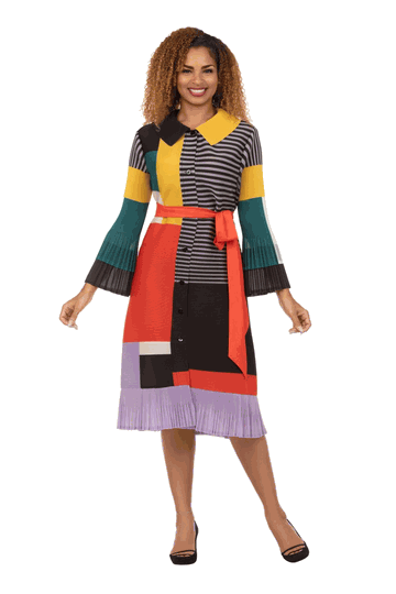 Giovanna <br> (2026) <br> GVDP2462 <br> <br> Multi <br> S M L XL 1x 2x<br><br>Artistic Colorblock Pleated Shirt Dress with Belt