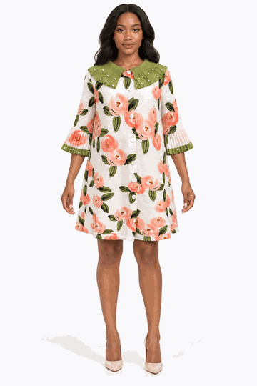 Giovanna <br> (2026) <br> GVDP2464 <br> <br> Peach-Multi <br> XS/S M/L XL/1X<br><br>Pearl-Trim Pleated Collar Floral Print Mini Dress