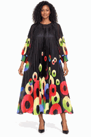 Giovanna <br> (2026) <br> GVDP2466-Bl <br> <br> Black-Multi <br> S/M L/XL 1x/2x<br><br>Abstract Circle Print Pleated Chiffon Midi Dress
