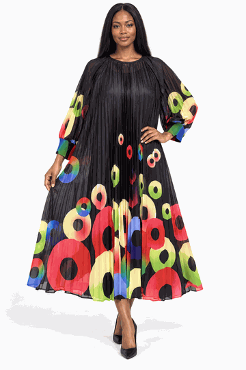 Giovanna <br> (2026) <br> GVDP2466 <br> <br> Black-Multi <br> S/M L/XL 1X/2X<br><br>Abstract Circle Print Pleated Chiffon Midi Dress
