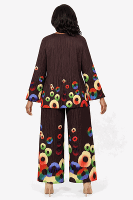 Giovanna <br> (2026) <br> GVDP2467-Co <br> <br> Coffee-Multi <br> S/M L/XL 1x/2x<br><br>Pleated Abstract Circle Print 2 Piece Pants Set Giovanna <br> (2026) <br> GVDP2467-Co <br> <br> Coffee-Multi <br> S/M L/XL 1x/2x<br><br>Pleated Abstract Circle Print 2 Piece Pants Set