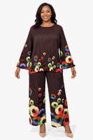 Giovanna <br> (2026) <br> GVDP2467-Co <br> <br> Coffee-Multi <br> S/M L/XL 1x/2x<br><br>Pleated Abstract Circle Print 2 Piece Pants Set