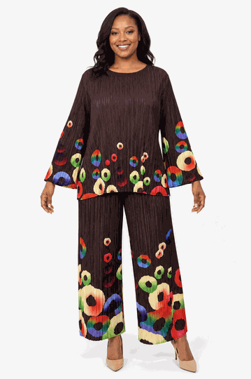 Giovanna <br> (2026) <br> GVDP2467 <br> <br> Coffee-Multi <br> S/M L/XL 1X/2X<br><br>Pleated Abstract Circle Print 2pc Pants Set