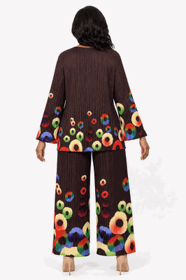Giovanna <br> (2026) <br> GVDP2467 <br> <br> Coffee-Multi <br> S/M L/XL 1X/2X<br><br>Pleated Abstract Circle Print 2pc Pants Set
