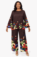 Giovanna <br> (2026) <br> GVDP2467 <br> <br> Coffee-Multi <br> S/M L/XL 1X/2X<br><br>Pleated Abstract Circle Print 2pc Pants Set