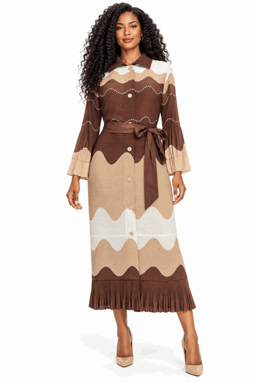 Giovanna <br> (2026) <br> GVDP2468-Ch <br> <br> Chocolate <br> S/M L/XL 1x/2x<br><br>Wavy Colorblock Bouncy Pleated Midi Dress