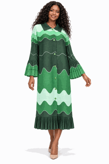 Giovanna <br> (2026) <br> GVDP2468-Em <br> <br> Emerald <br> S/M L/XL 1x/2x<br><br>Wavy Colorblock Bouncy Pleated Midi Dress