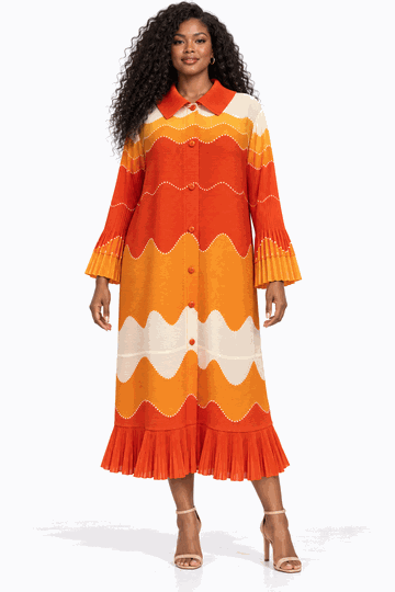 Giovanna <br> (2026) <br> GVDP2468-Or <br> <br> Orange <br> S/M L/XL 1x/2x<br><br>Wavy Colorblock Bouncy Pleated Midi Dress