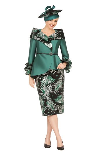 Giovanna <br> (2026) <br> GVG1312 <br> <br> Hunter-Green <br> 8 10 12 14 16 18 <br> 16w 18w 20w 22w 24w<br><br>2pc Silky Twill & Jacquard Combo Skirt Suit