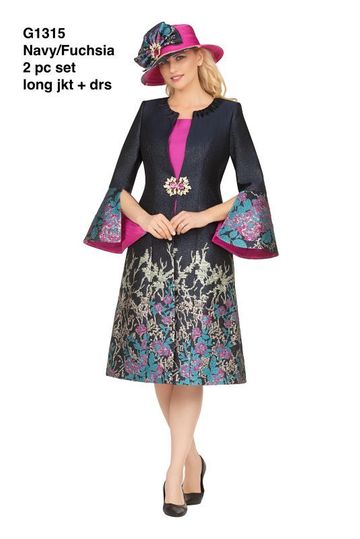 Giovanna <br> (2026) <br> GVG1315 <br> <br> Navy/Fuchsia <br> 8 10 12 14 16 18 <br> 16w 18w 20w 22w 24w 26w <br><br>Luxe Brocade Coat & Silky Twill Dress Ensemble