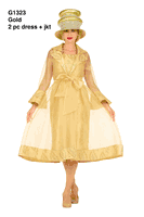 Giovanna <br> (2026) <br> GVG1323 <br> <br> Gold <br> 8 10 12 14 16 18 <br> 16w 18w 20w 22w 24w<br><br>Embroidered Mesh 2pc A-Line Jacket Dress w/Belt