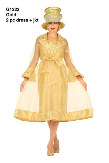 Giovanna <br> (2026) <br> GVG1323 <br> <br> Gold <br> 8 10 12 14 16 18 <br> 16w 18w 20w 22w 24w<br><br>Embroidered Mesh 2pc A-Line Jacket Dress w/Belt