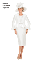 Giovanna <br> (2026) <br> GVG1324 <br> <br> Off-White <br> 8 10 12 14 16 18 <br> 16w 18w 20w 22w 24w 26w <br><br>Silky 3pc Peplum Skirt Suit w/Scalloped Trim