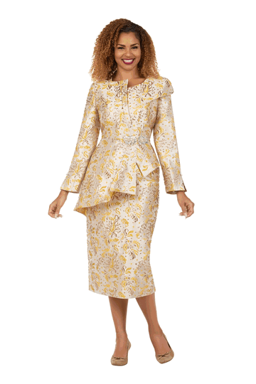 Giovanna <br> (2026) <br> GVG1325 <br> <br> Gold <br> 8 10 12 14 16 18 <br> 16w 18w 20w 22w 24w 26w<br><br>Metallic Brocade 2pc Skirt Suit w/ Asymmetrical Jacket