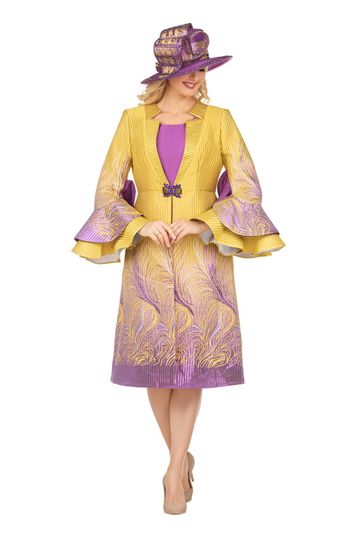 Giovanna <br> (2026) <br> GVG1327 <br> <br> Mustard/Purple <br> 8 10 12 14 16 18 <br> 16w 18w 20w 22w 24w 26w <br><br>Metallic Ombre 2pc Dress & Long Coat Set