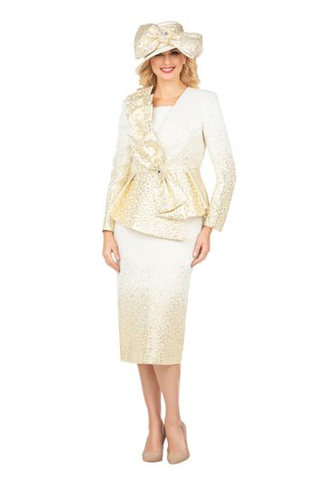Giovanna <br> (2026) <br> GVG1328 <br> <br> Champagne/Gold <br> 8 10 12 14 16 18 <br> 16w 18w 20w 22w 24w<br><br>Metallic Brocade 3-Piece Peplum Skirt Suit