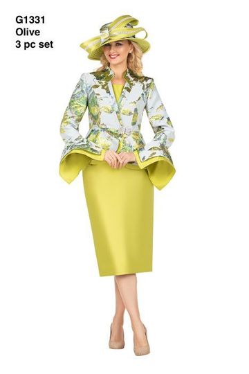 Giovanna <br> (2026) <br> GVG1331 <br> <br> Olive <br> 8 10 12 14 16 18 <br> 16w 18w 20w 22w 24w<br><br>Floral Brocade 3pc Skirt Suit w/Peplum Jacket
