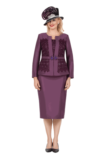 Giovanna <br> (2026) <br> GVG1337 <br> <br> Eggplant <br> 8 10 12 14 16 18 <br> 16w 18w 20w 22w 24w<br><br>Embellished Lace & Silky Twill 3pc Skirt Suit