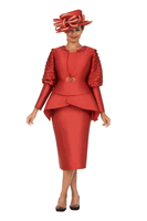 Giovanna <br> (2026) <br> GVG1338 <br> <br> Cinnamon <br> 10 12 14 16 18 <br> 16w 18w 20w 22w 24w<br><br>3pc Skirt Suit w/ Puff Sleeves & Sculpted Peplum Jacket