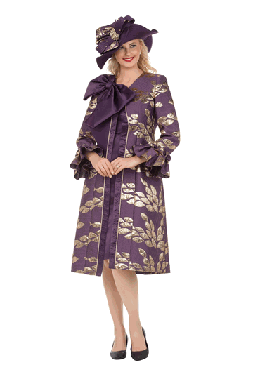 Giovanna <br> (2026) <br> GVG1340 <br> <br> Eggplant/Gold <br> 8 10 12 14 16 18 <br> 16w 18w 20w 22w 24w 26w<br><br>2pc Floral Brocade Long Jacket & Satin-look Dress Set
