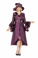 Giovanna <br> (2026) <br> GVG1341 <br> <br> Plum/Black <br> 10 12 14 16 18 <br> 16w 18w 20w 22w 24w 26w<br><br>Floral Brocade Dress & Silky Twill Ruffle Coat Set