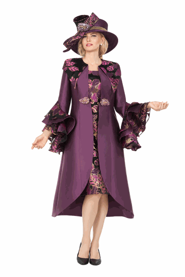Giovanna <br> (2026) <br> GVG1341 <br> <br> Plum/Black <br> 10 12 14 16 18 <br> 16w 18w 20w 22w 24w 26w<br><br>Floral Brocade Dress & Silky Twill Ruffle Coat Set