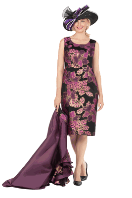 Giovanna <br> (2026) <br> GVG1341 <br> <br> Plum/Black <br> 10 12 14 16 18 <br> 16w 18w 20w 22w 24w 26w<br><br>Floral Brocade Dress & Silky Twill Ruffle Coat Set