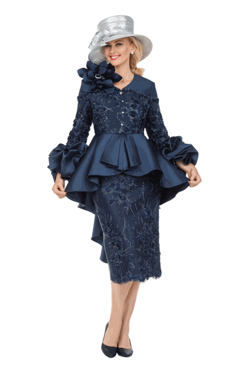 Giovanna <br> (2026) <br> GVG1345 <br> <br> Navy <br> 8 10 12 14 16 18 <br> 16w 18w 20w 22w 24w 26w<br><br>Sculpted Elegance Floral Lace 2pc Skirt Suit