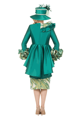 Giovanna <br> (2026) <br> GVG1346 <br> <br> Kelly-Green <br> 8 10 12 14 16 18 <br> 16w 18w 20w 22w 24w 26w<br><br>Regal Cascade 3pc Silky Twill & Brocade Skirt Suit