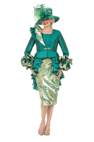 Giovanna <br> (2026) <br> GVG1346 <br> <br> Kelly-Green <br> 8 10 12 14 16 18 <br> 16w 18w 20w 22w 24w 26w<br><br>Regal Cascade 3pc Silky Twill & Brocade Skirt Suit