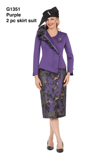 Giovanna <br> (2026) <br> GVG1351 <br> <br> Purple <br> 8 10 12 14 16 18 <br> 16w 18w 20w 22w 24w<br><br>Purple Ruffle Jacket & Floral Brocade Skirt Suit
