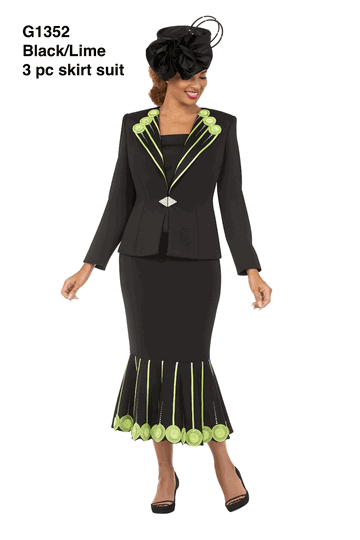 Giovanna <br> (2026) <br> GVG1352 <br> <br> Black/Lime <br> 8 10 12 14 16 18 <br> 16w 18w 20w 22w 24w<br><br>Lime Blossom Elegance 3 Piece Skirt Suit