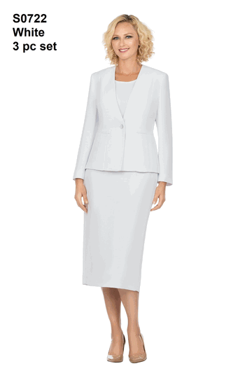 Giovanna <br> (2026) <br> GVS0722-Wh <br> <br> White <br> 8 10 12 14 16 18<br>14w 16w 18w 20w 22w 24w 26w 28w<br><br>3 Piece Collarless Clean Lines Detailed Skirt Suit
