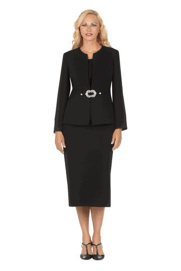Giovanna <br> (2026) <br> GVS0650 <br> <br> Black <br> 8 10 12 14 16 18 <br> 16w 18w 20w 22w 24w<br><br>3pc Collarless Rhinestone Buckle Skirt Suit