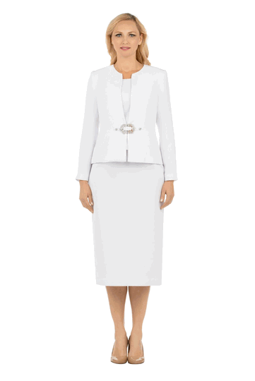 Giovanna <br> (2026) <br> GVS0650 <br> <br> White <br> 8 10 12 14 16 18 <br> 16w 18w 20w 22w 24w<br><br>3pc Collarless Rhinestone Buckle Skirt Suit