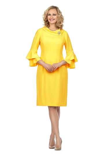 Giovanna <br> (2026) <br> GVD1518 <br> <br> Yellow <br> 8 10 12 14 16 18 <br> 14w 16w 18w 20w 22w 24w 26w <br><br>1pc Cowl Neck 3/4 Ruffled Sleeve Dress w/Brooch