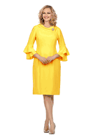 Giovanna <br> (2026) <br> GVD1518 <br> <br> Yellow <br> 8 10 12 14 16 18 <br> 14w 16w 18w 20w 22w 24w 26w <br><br>1pc Cowl Neck 3/4 Ruffled Sleeve Dress w/Brooch